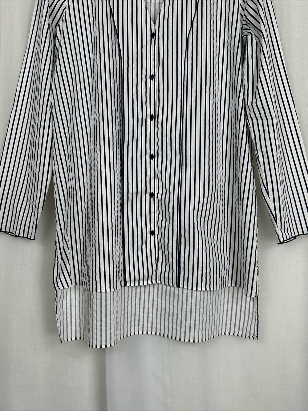 Zara Basic Striped High Low Tunic Button Front Blouse Shirt Size L Blue White - Picture 4 of 14